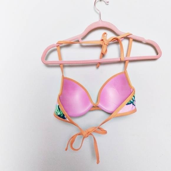 aerie Brooke Pink and Orange Tropical Print Push Up Halter Bikini Top Size 34D - Picture 2 of 8